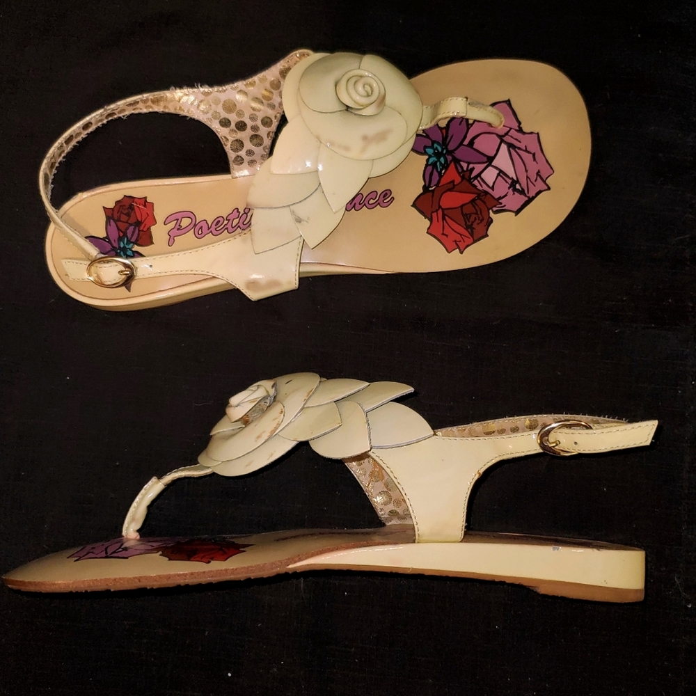 Poetic License "My Haven" Nude Beige Flower Leather Slingback Sandals Flat Shoes